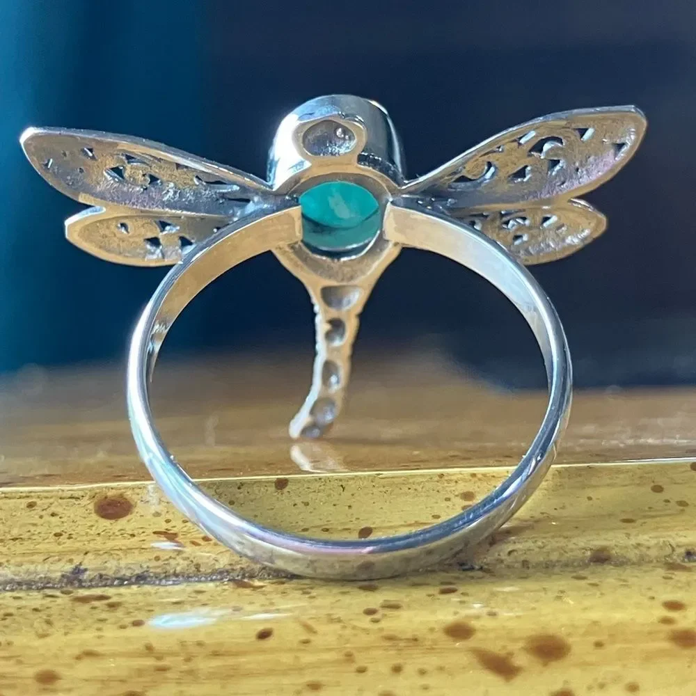 Natural Emerald Sterling Silver Dragonfly Ring Size 9